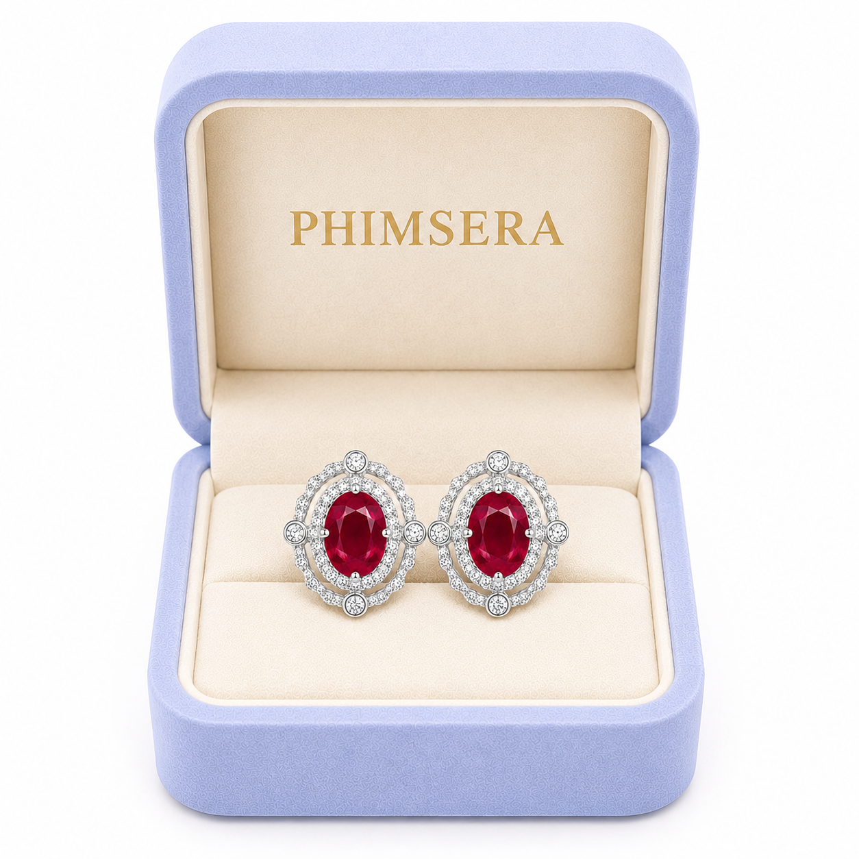 Natural 6x8mm ruby earrings displayed in Phimsera jewelry gift box
