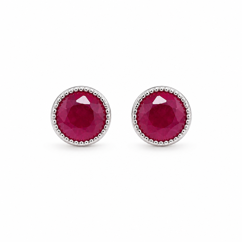Phimsera 5mm round natural ruby stud earrings in 925 sterling silver front view