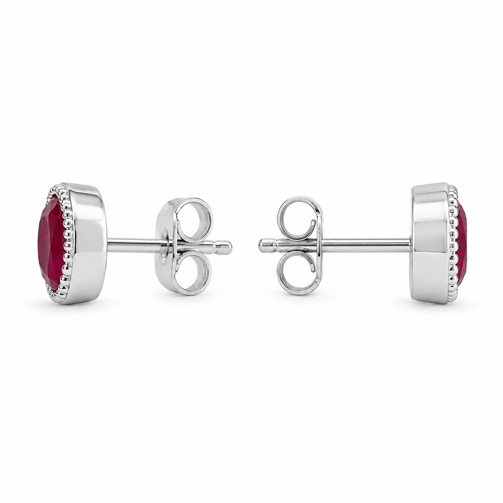 Natural ruby stud earrings side profile showing sterling silver setting