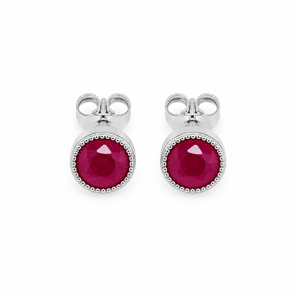 Round natural ruby earrings 5mm top view in polished sterling silver