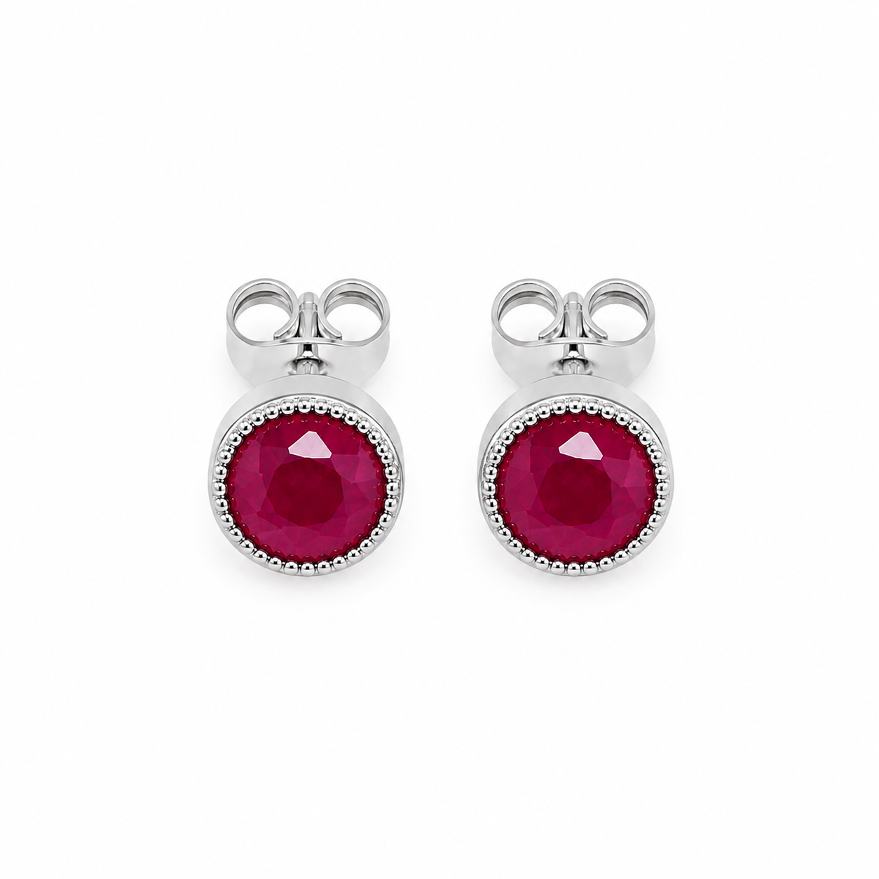 Round natural ruby earrings 5mm top view in polished sterling silver