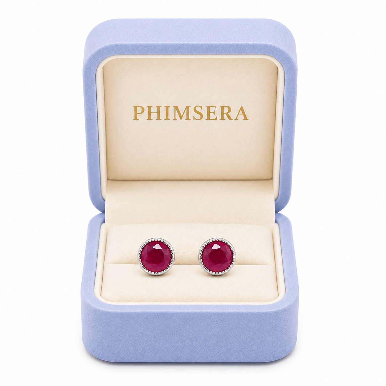 Phimsera 5mm natural ruby stud earrings presented in luxury jewelry gift box