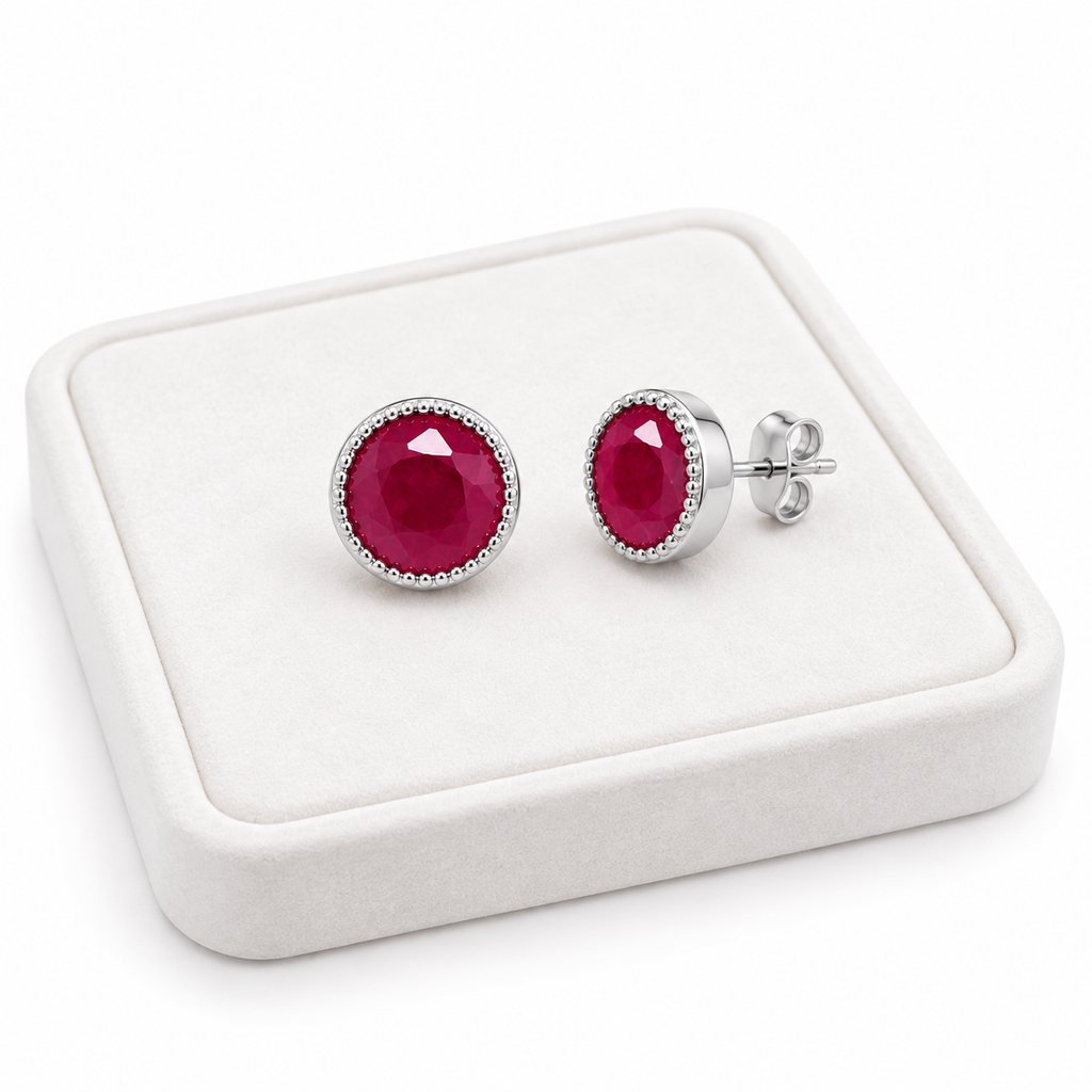 Phimsera 5mm natural ruby stud earrings displayed on white jewelry tray