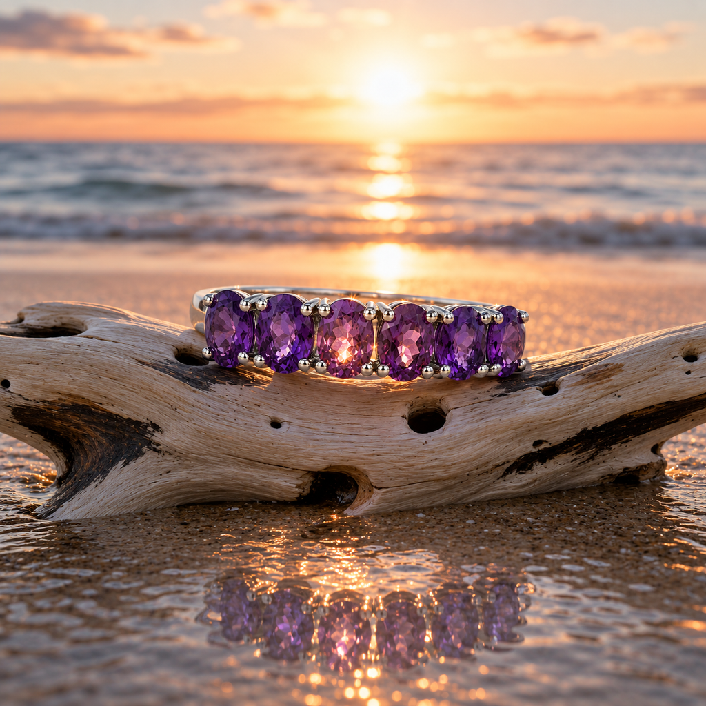Natural amethyst 3x4mm oval half eternity band ring in 925 sterling silver, elegant February birthstone jewelry and gift for her by PHIMSERA