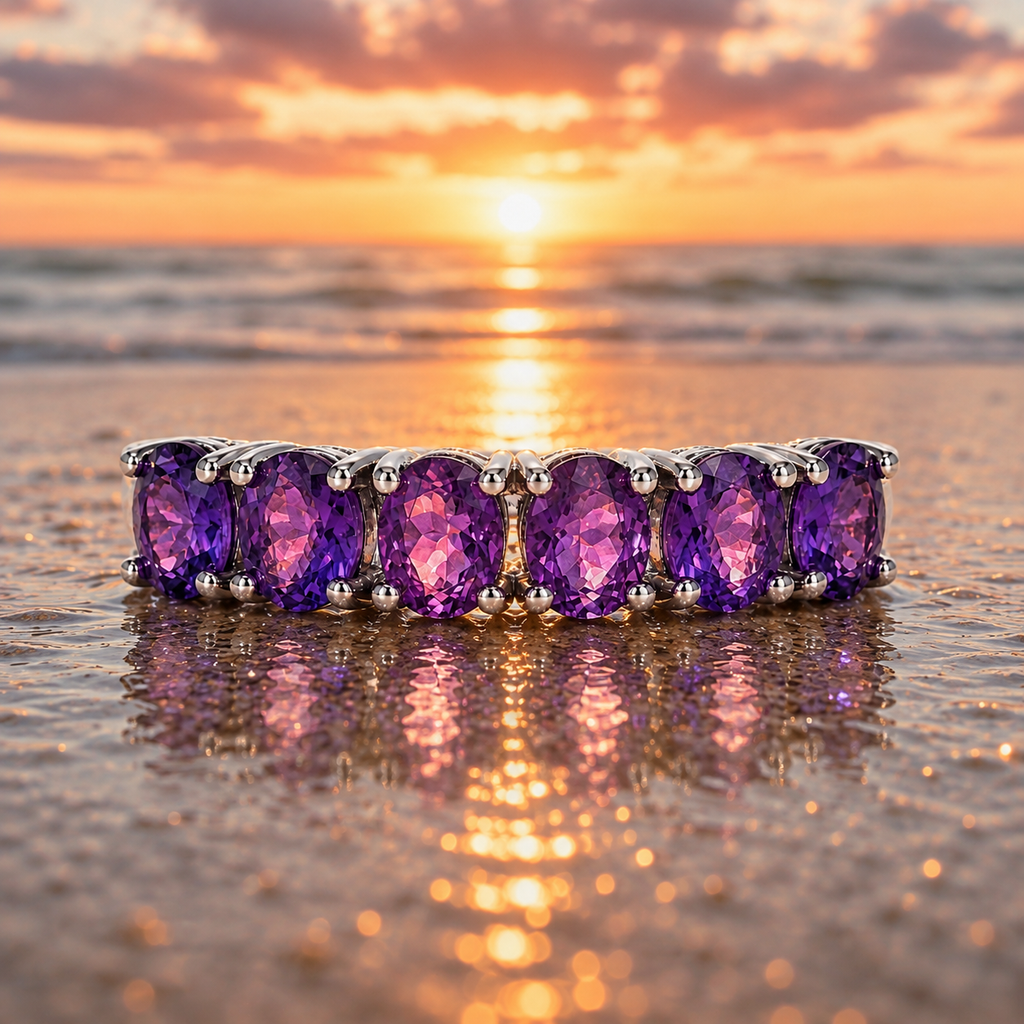 Natural amethyst 3x4mm oval half eternity band ring in 925 sterling silver, elegant February birthstone jewelry and gift for her by PHIMSERA