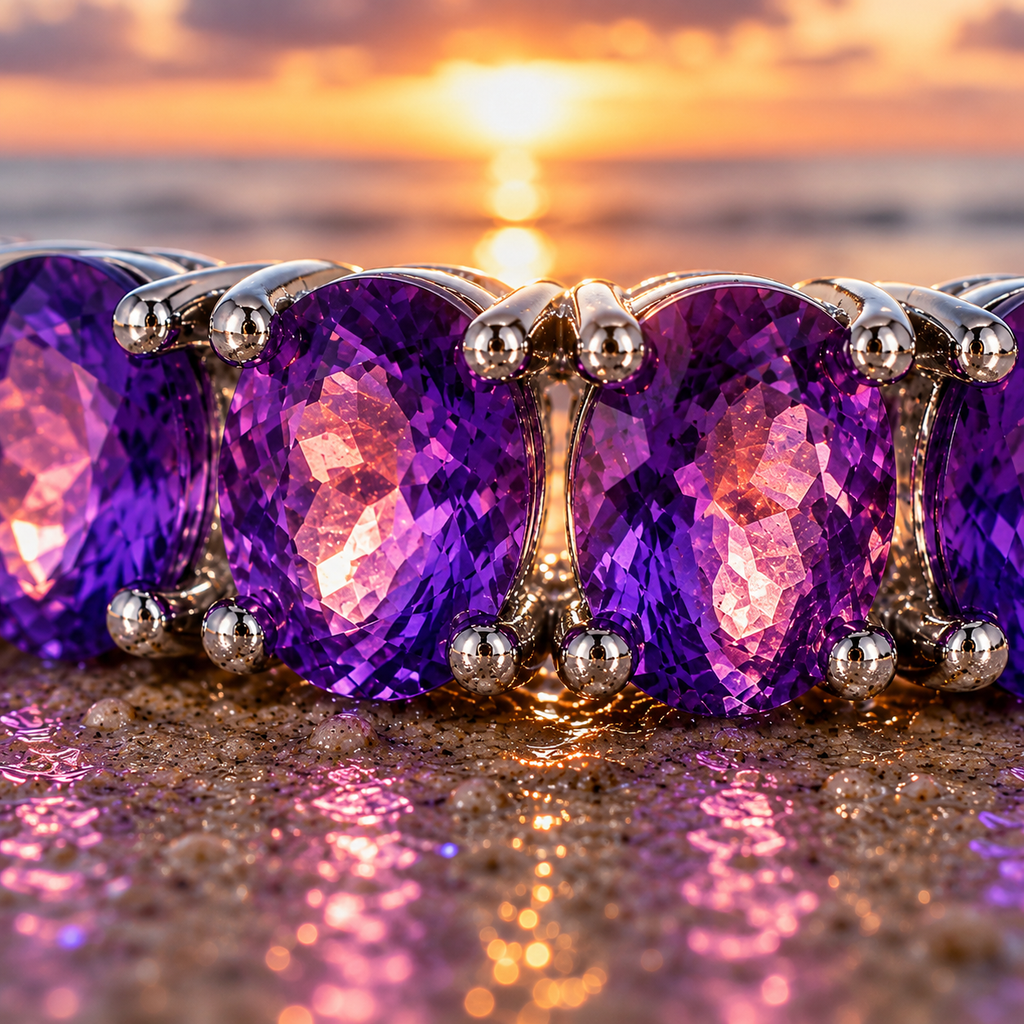 Natural amethyst 3x4mm oval half eternity band ring in 925 sterling silver, elegant February birthstone jewelry and gift for her by PHIMSERA