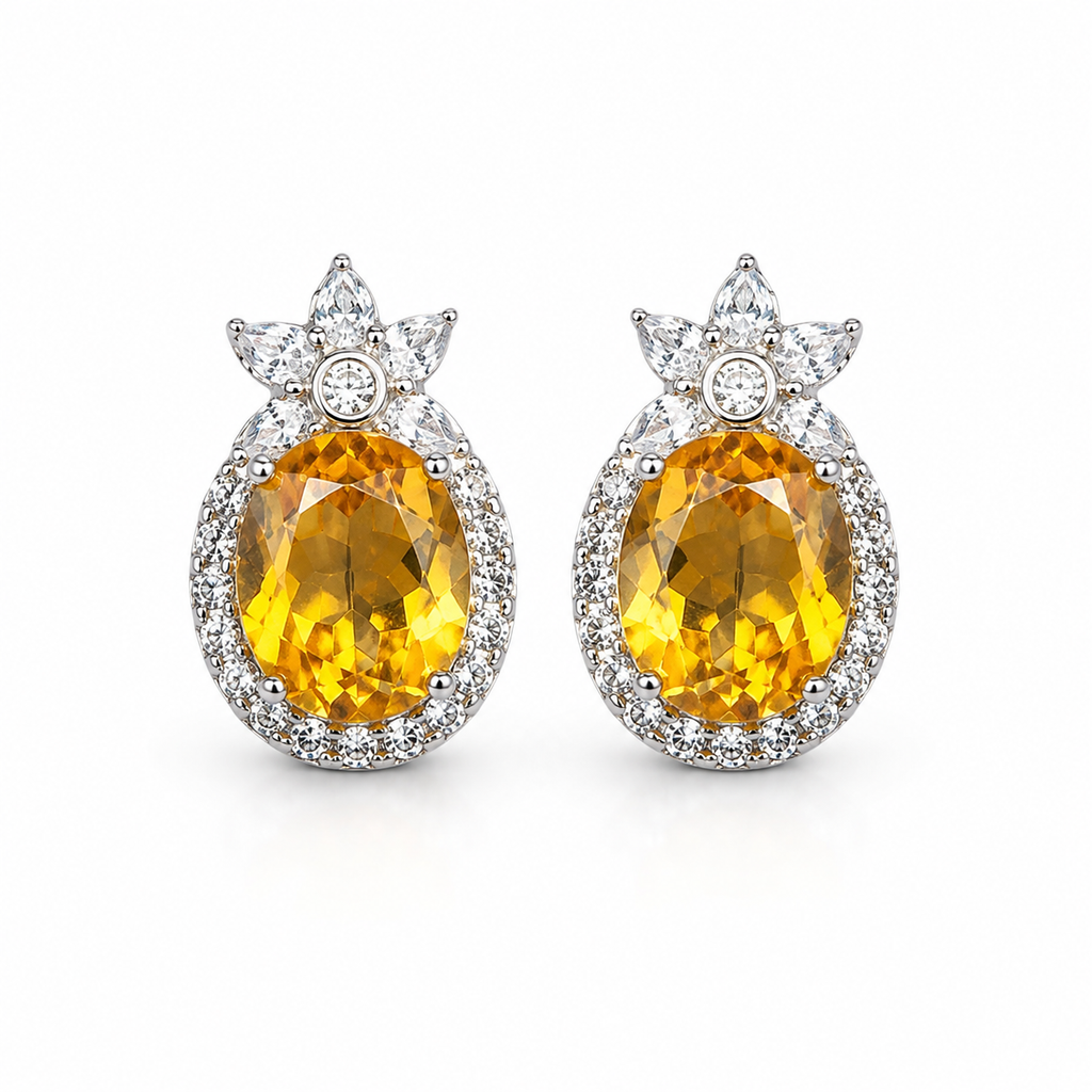 8x10mm natural oval citrine stud earrings with cubic zirconia accents in sterling silver