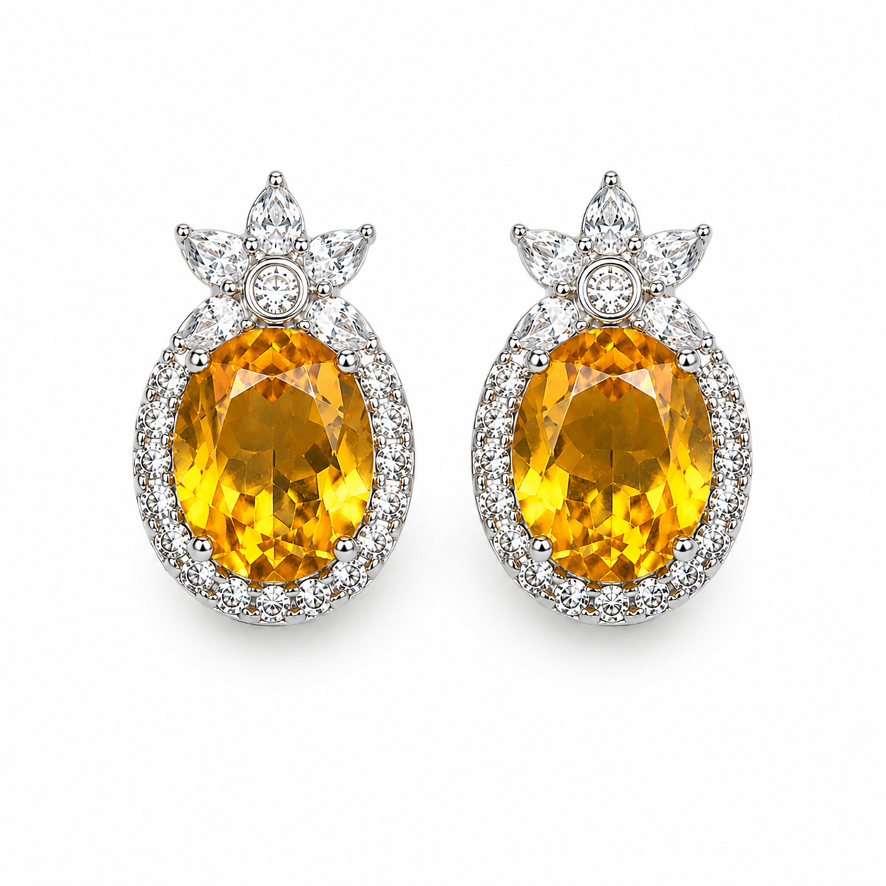 Oval 8x10mm natural citrine stud earrings with floral and halo CZ detailing