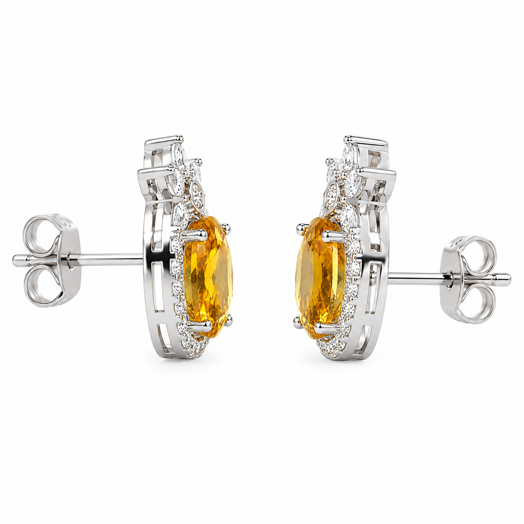 Side view of natural citrine gemstone stud earrings showing sterling silver setting