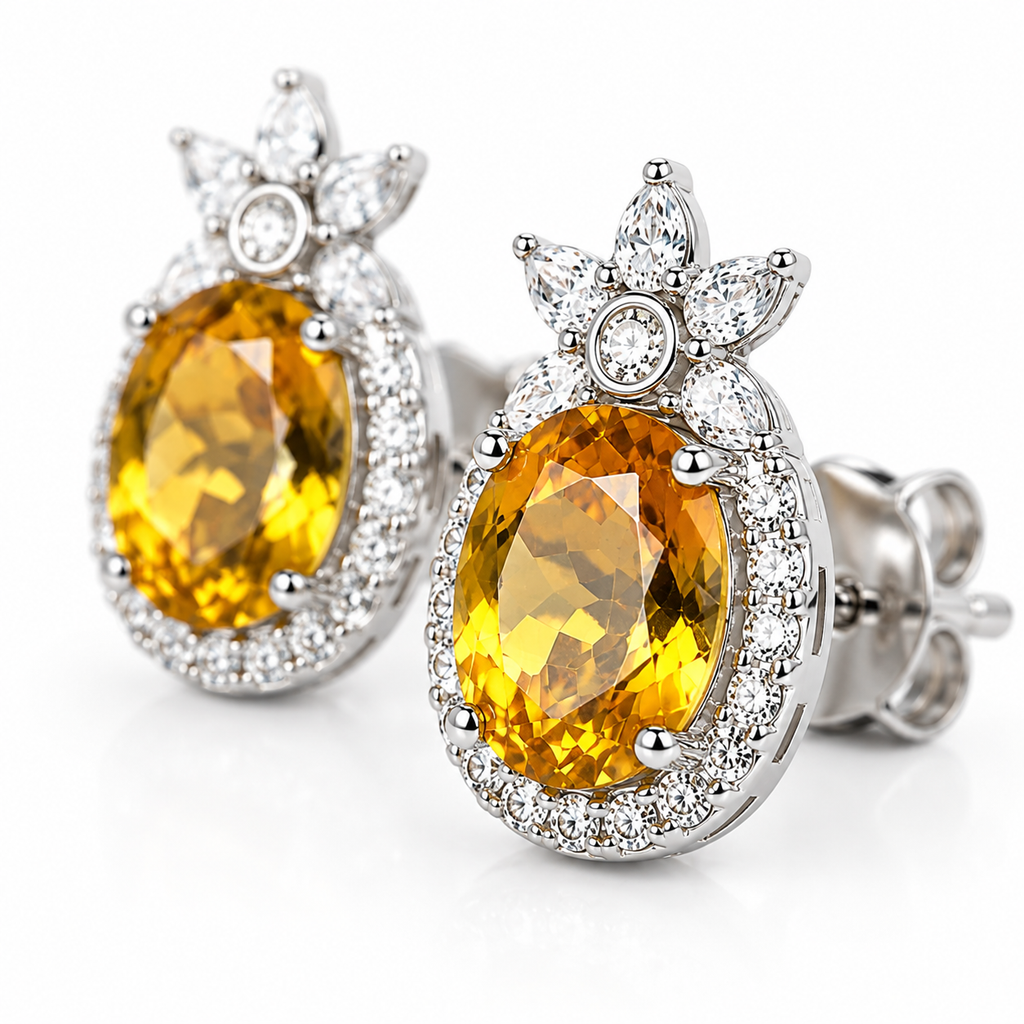 Macro view of 8x10mm natural citrine earrings with golden gemstone facets and CZ accents