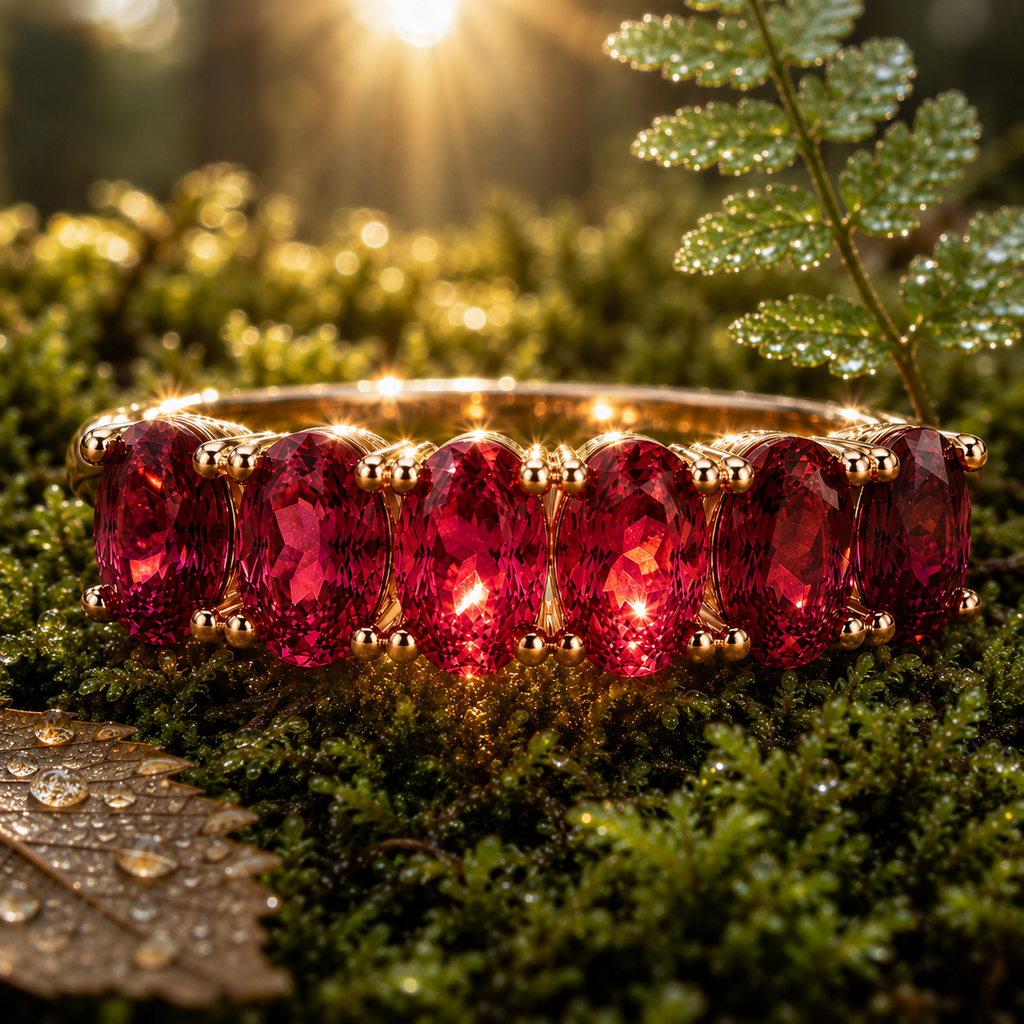 Natural red garnet 3x5mm oval gemstone band ring in 925 sterling silver, elegant January birthstone jewelry and gift for her by PHIMSERA