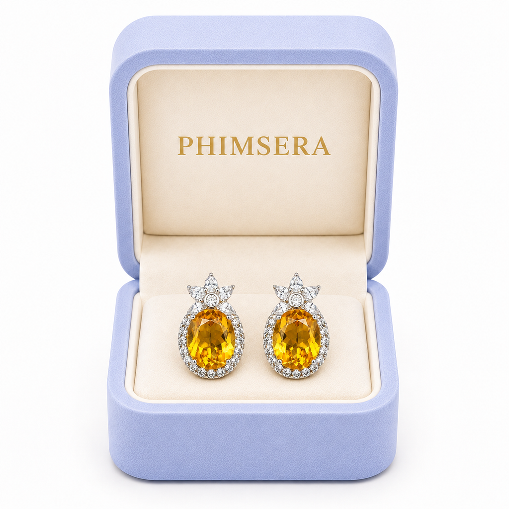 8x10mm natural citrine earrings presented in Phimsera jewelry gift box