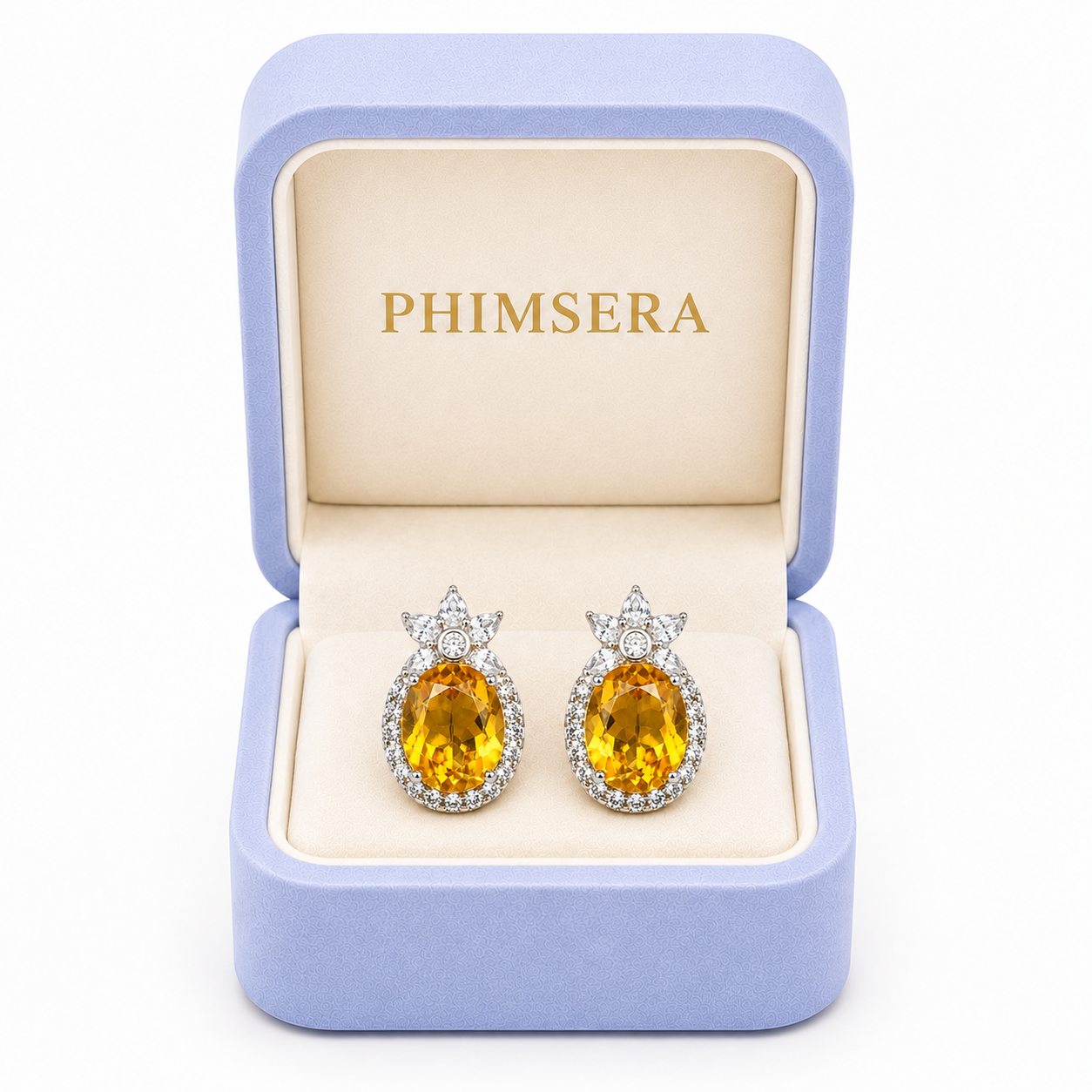 8x10mm natural citrine earrings presented in Phimsera jewelry gift box