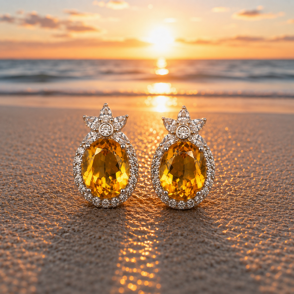 Natural golden citrine gemstone earrings photographed on the beach at sunset