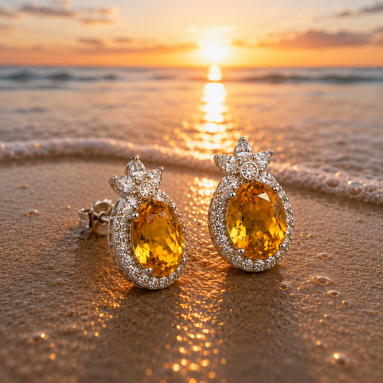 Natural golden citrine gemstone earrings photographed on the beach at sunset