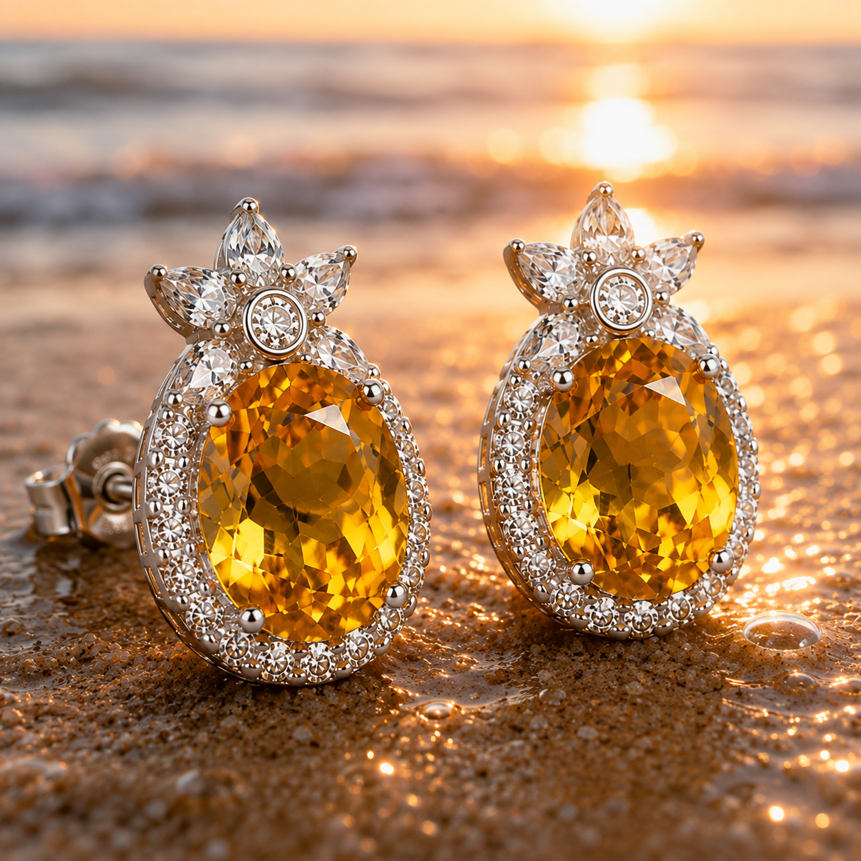 Macro lifestyle photograph of natural oval citrine earrings glowing in warm sunset light
