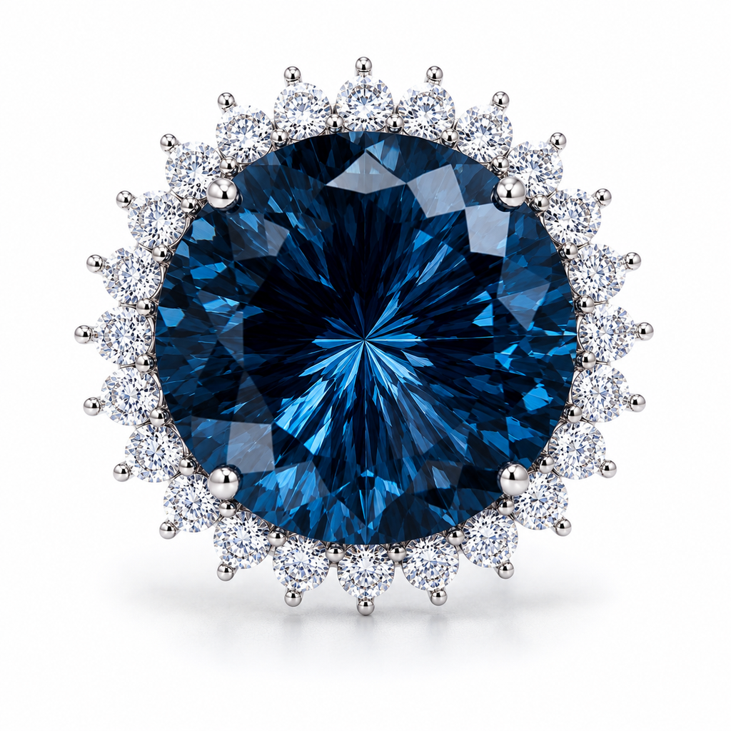 12ct Firework Cut London Blue Topaz halo statement ring featuring a 15mm round genuine London Blue Topaz, sparkling clear cubic zirconia halo, polished 925 sterling silver setting, and custom platinum, gold, or rose gold finish