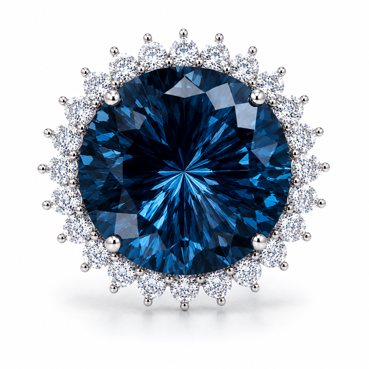 12ct Firework Cut London Blue Topaz halo statement ring featuring a 15mm round genuine London Blue Topaz, sparkling clear cubic zirconia halo, polished 925 sterling silver setting, and custom platinum, gold, or rose gold finish
