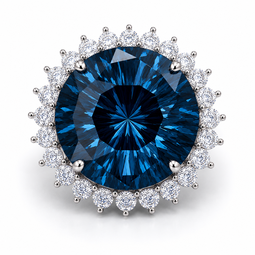 12ct Firework Cut London Blue Topaz halo statement ring featuring a 15mm round genuine London Blue Topaz, sparkling clear cubic zirconia halo, polished 925 sterling silver setting, and custom platinum, gold, or rose gold finish