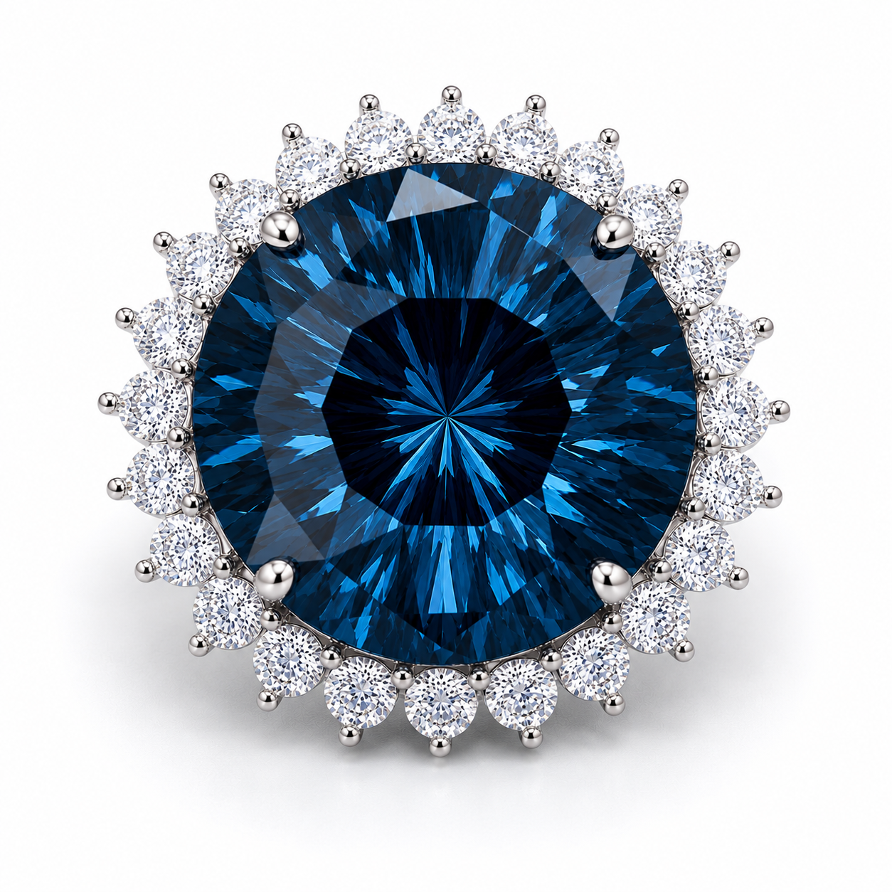12ct Firework Cut London Blue Topaz halo statement ring featuring a 15mm round genuine London Blue Topaz, sparkling clear cubic zirconia halo, polished 925 sterling silver setting, and custom platinum, gold, or rose gold finish