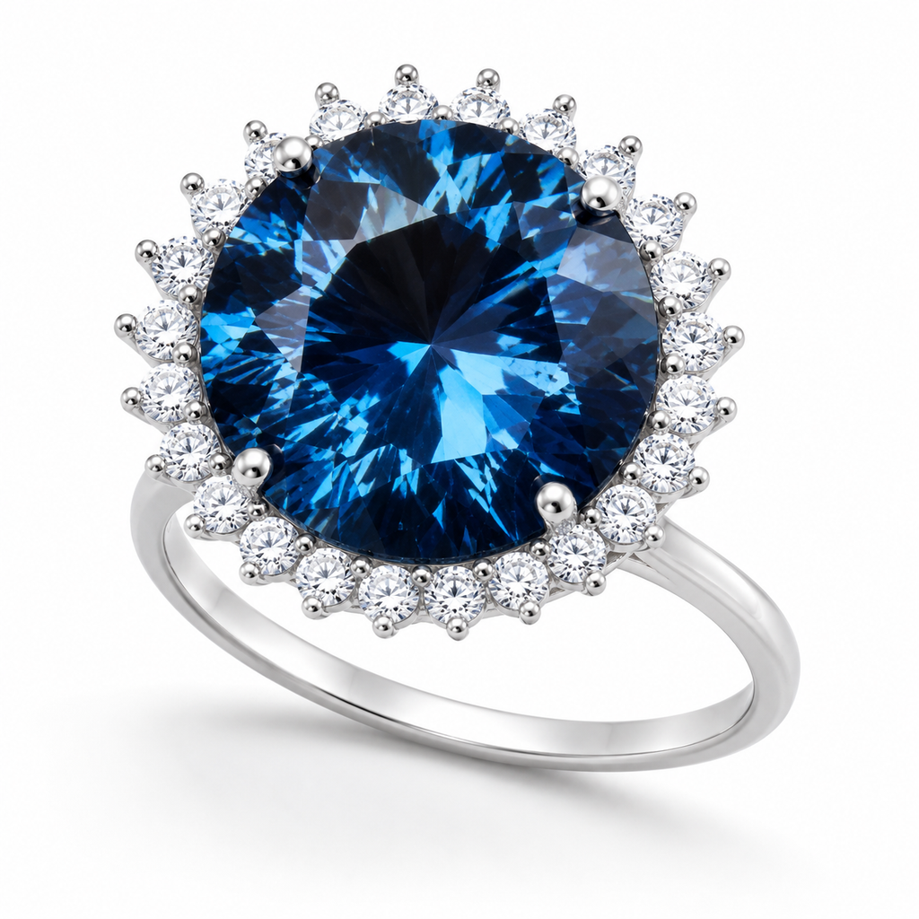 12ct Firework Cut London Blue Topaz halo statement ring featuring a 15mm round genuine London Blue Topaz, sparkling clear cubic zirconia halo, polished 925 sterling silver setting, and custom platinum, gold, or rose gold finish
