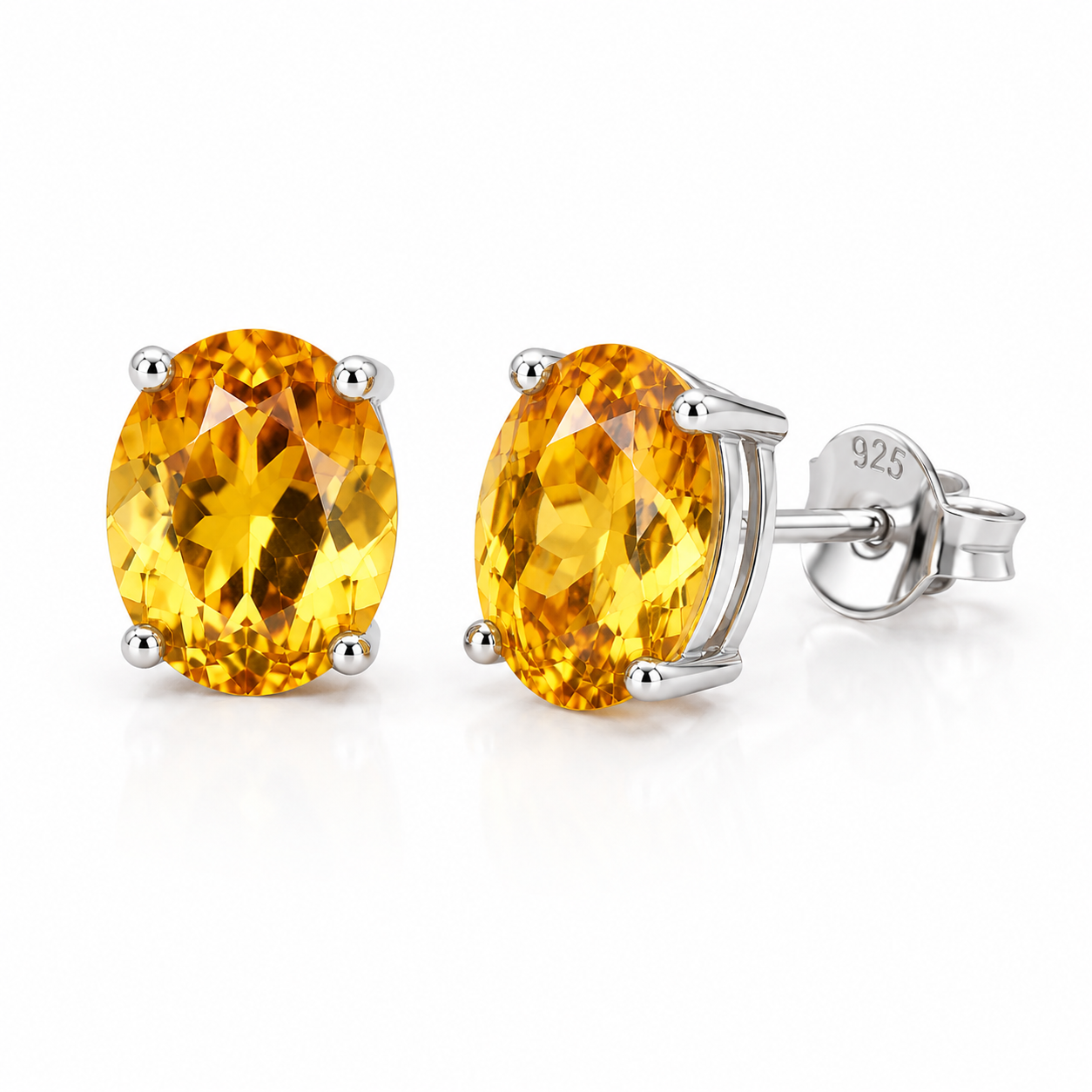 Natural oval citrine stud earrings 7x9mm three quarter angle