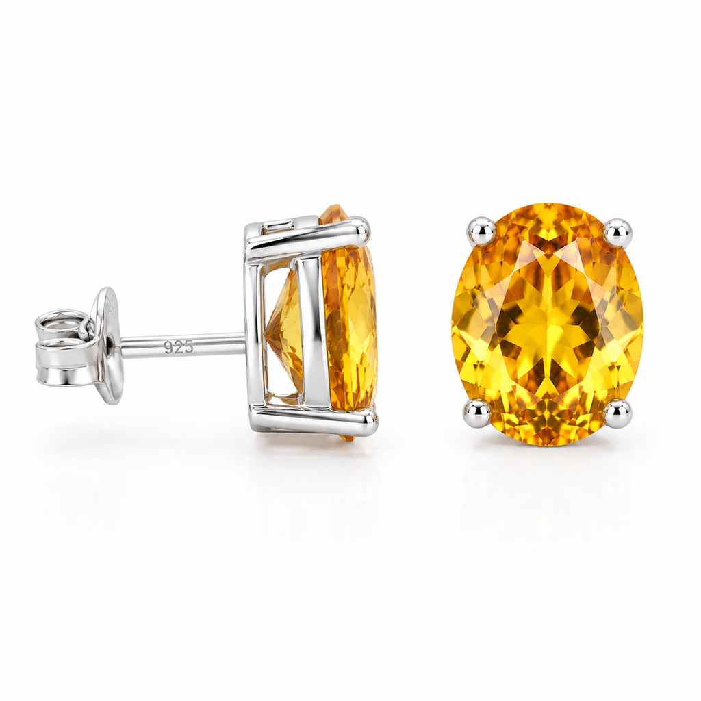 Natural citrine stud earrings side profile showing sterling silver prong settings