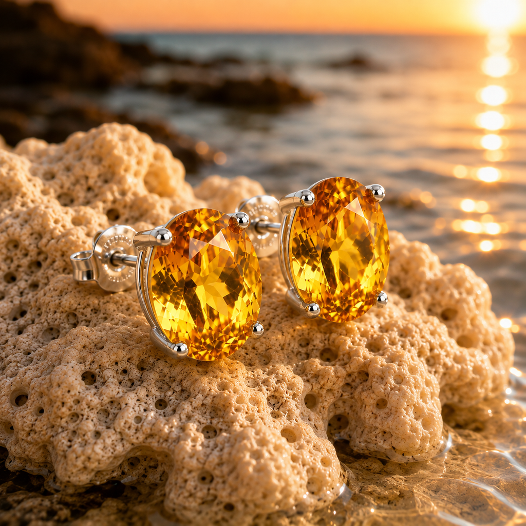 Natural 7x9mm citrine stud earrings photographed on a warm sunset beach