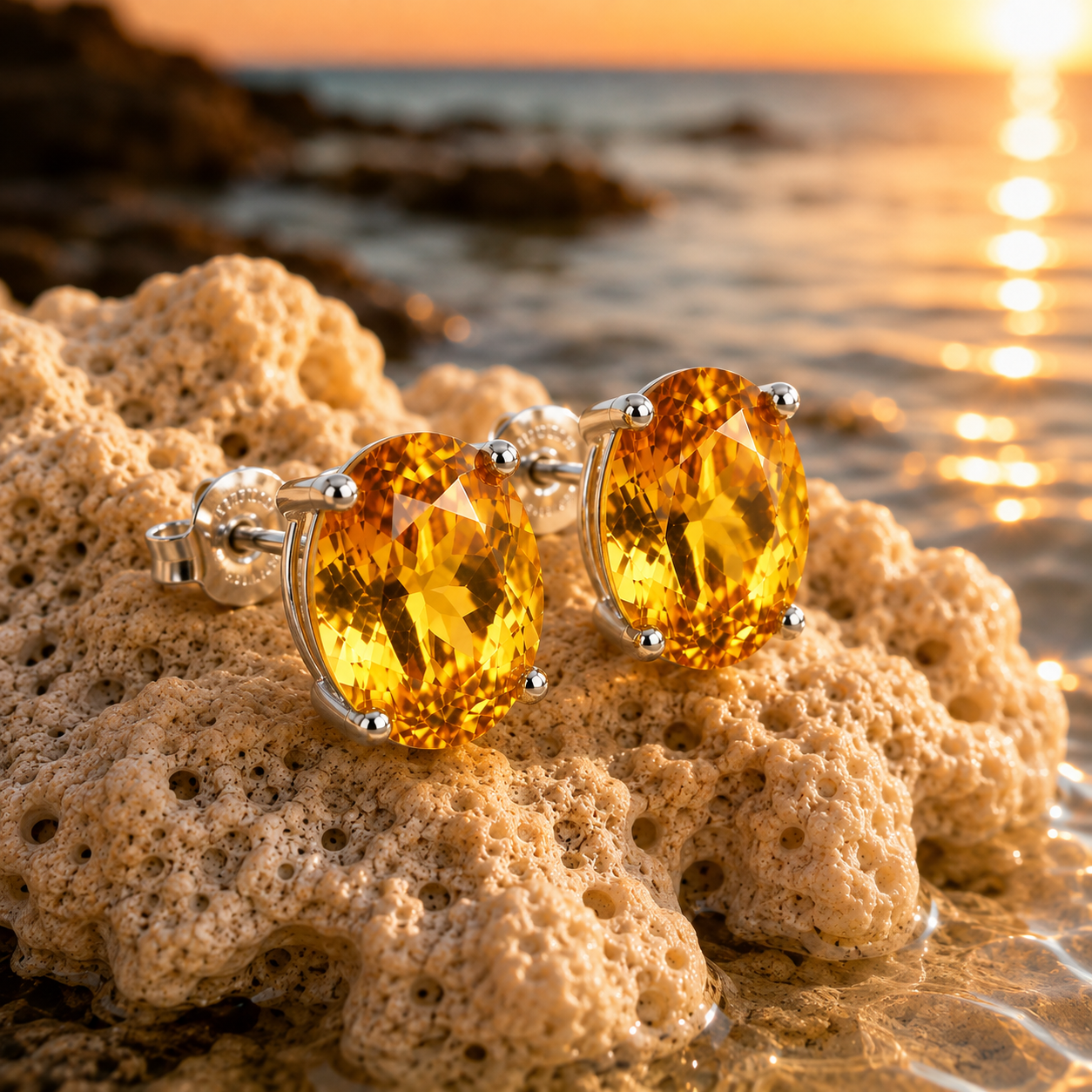 Natural 7x9mm citrine stud earrings photographed on a warm sunset beach