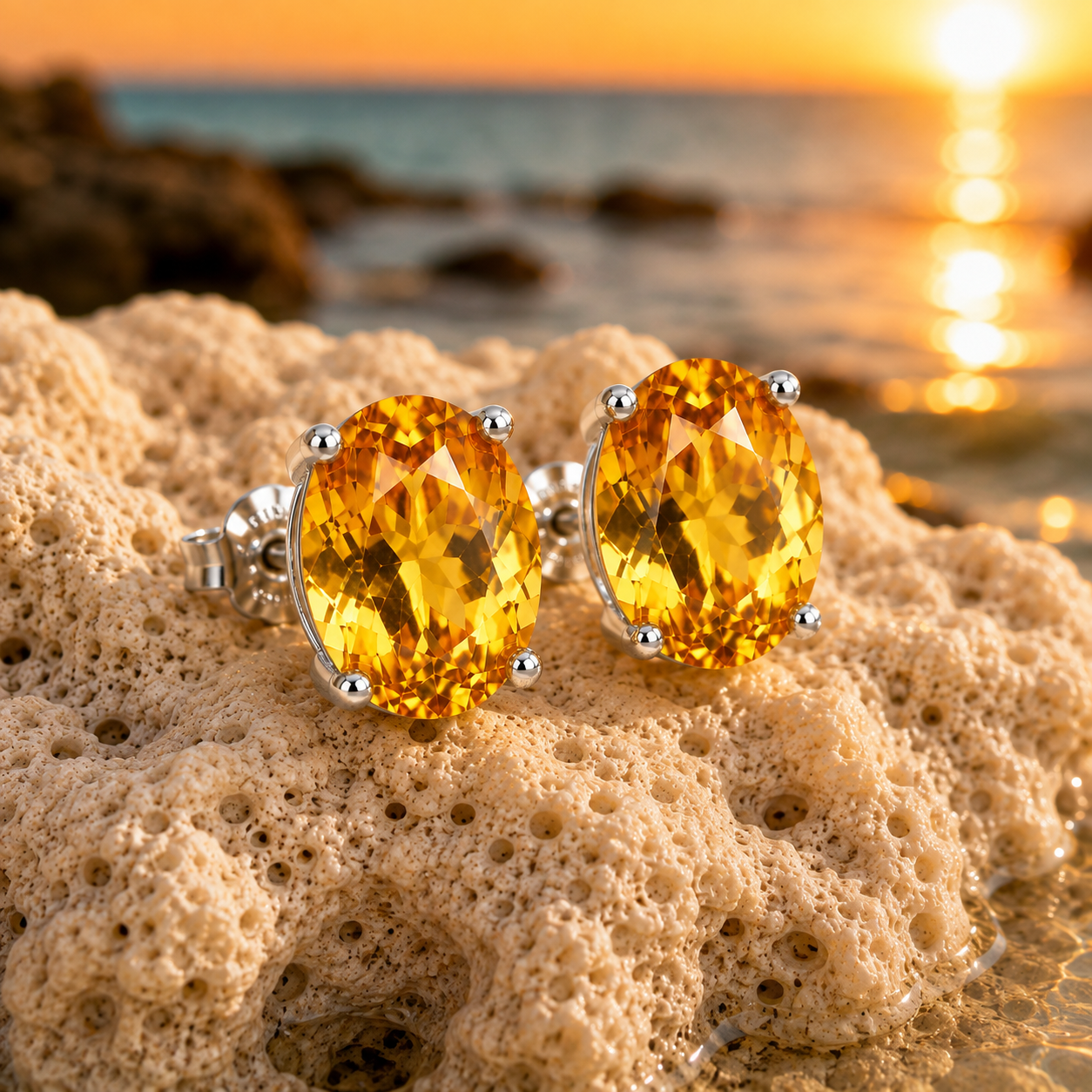 Natural 7x9mm citrine stud earrings photographed on a warm sunset beach