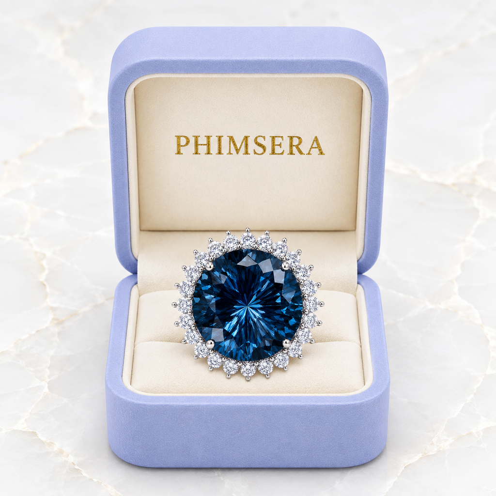 12ct Firework Cut London Blue Topaz halo statement ring featuring a 15mm round genuine London Blue Topaz, sparkling clear cubic zirconia halo, polished 925 sterling silver setting, and custom platinum, gold, or rose gold finish