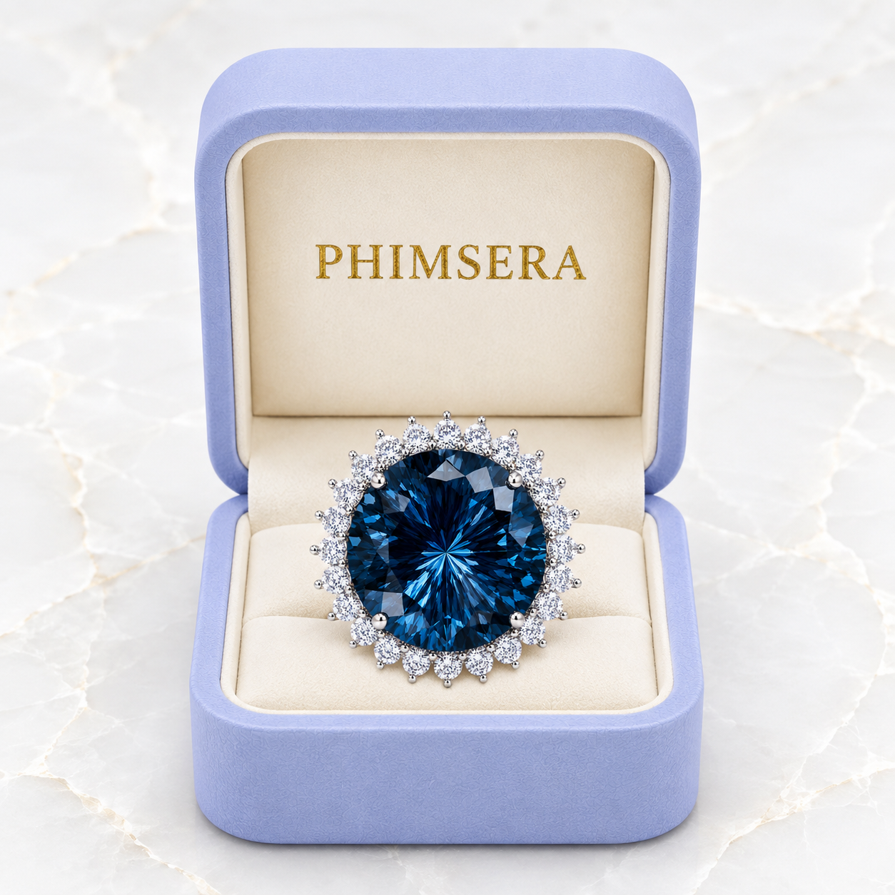 12ct Firework Cut London Blue Topaz halo statement ring featuring a 15mm round genuine London Blue Topaz, sparkling clear cubic zirconia halo, polished 925 sterling silver setting, and custom platinum, gold, or rose gold finish