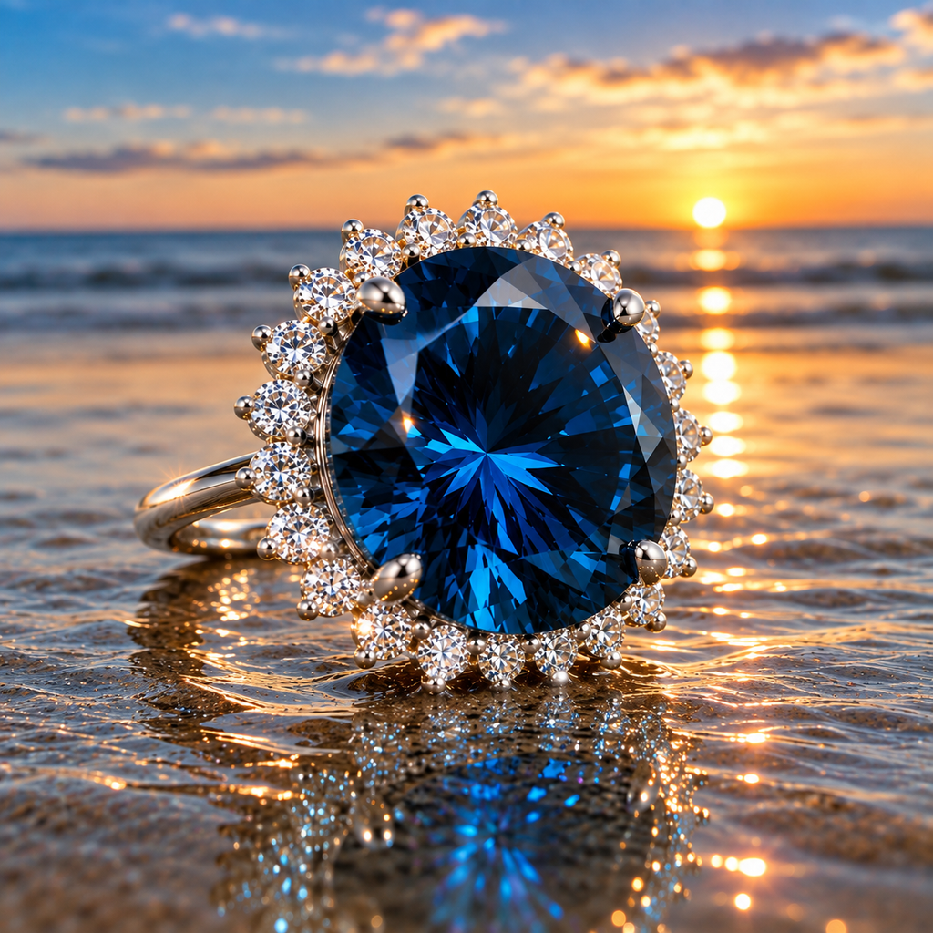 12ct Firework Cut London Blue Topaz halo statement ring featuring a 15mm round genuine London Blue Topaz, sparkling clear cubic zirconia halo, polished 925 sterling silver setting, and custom platinum, gold, or rose gold finish