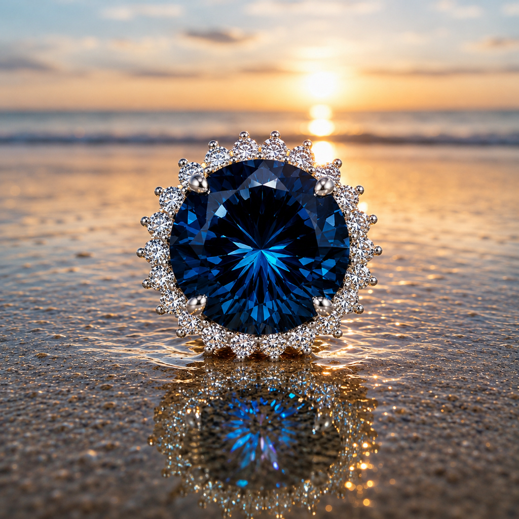 12ct Firework Cut London Blue Topaz halo statement ring featuring a 15mm round genuine London Blue Topaz, sparkling clear cubic zirconia halo, polished 925 sterling silver setting, and custom platinum, gold, or rose gold finish