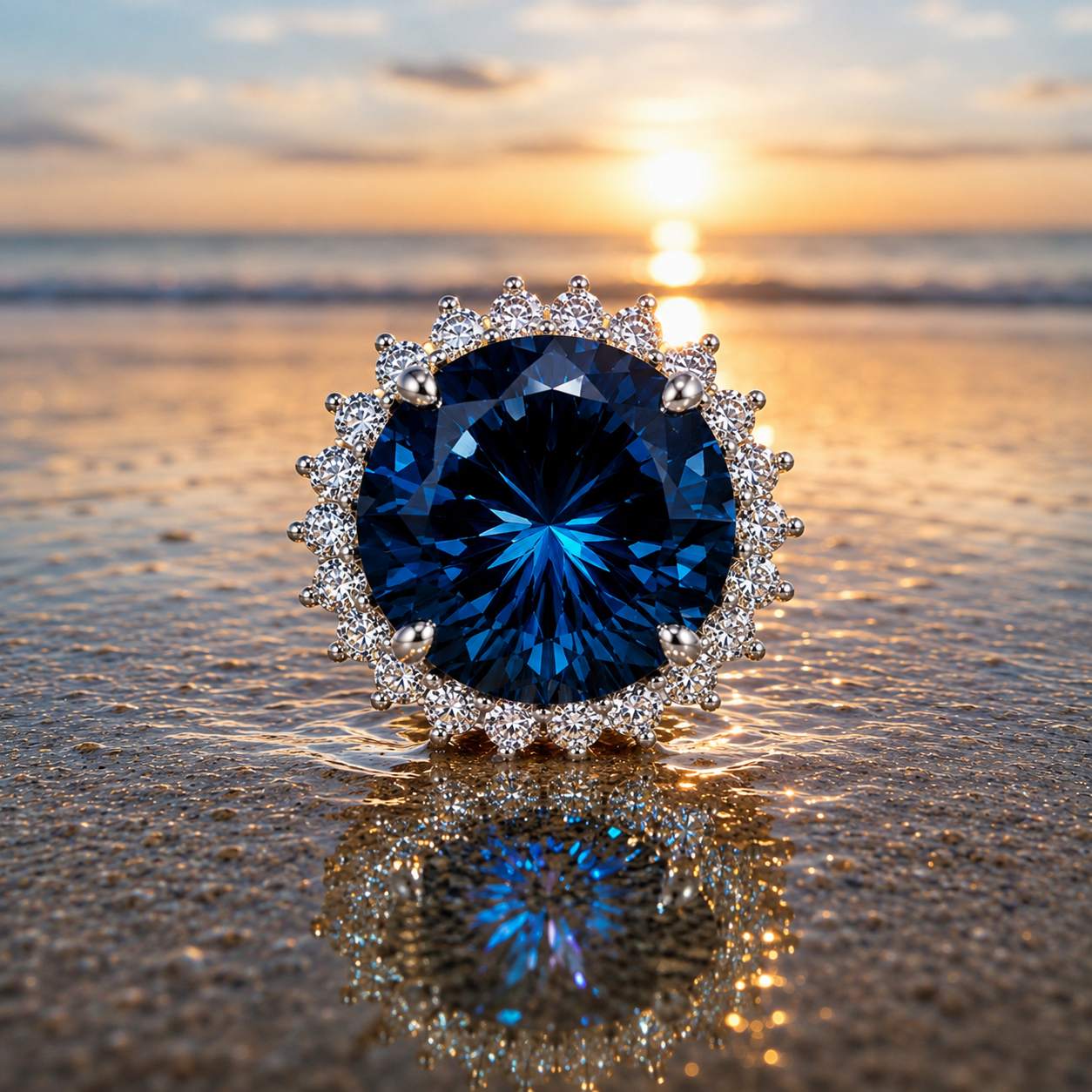 12ct Firework Cut London Blue Topaz halo statement ring featuring a 15mm round genuine London Blue Topaz, sparkling clear cubic zirconia halo, polished 925 sterling silver setting, and custom platinum, gold, or rose gold finish