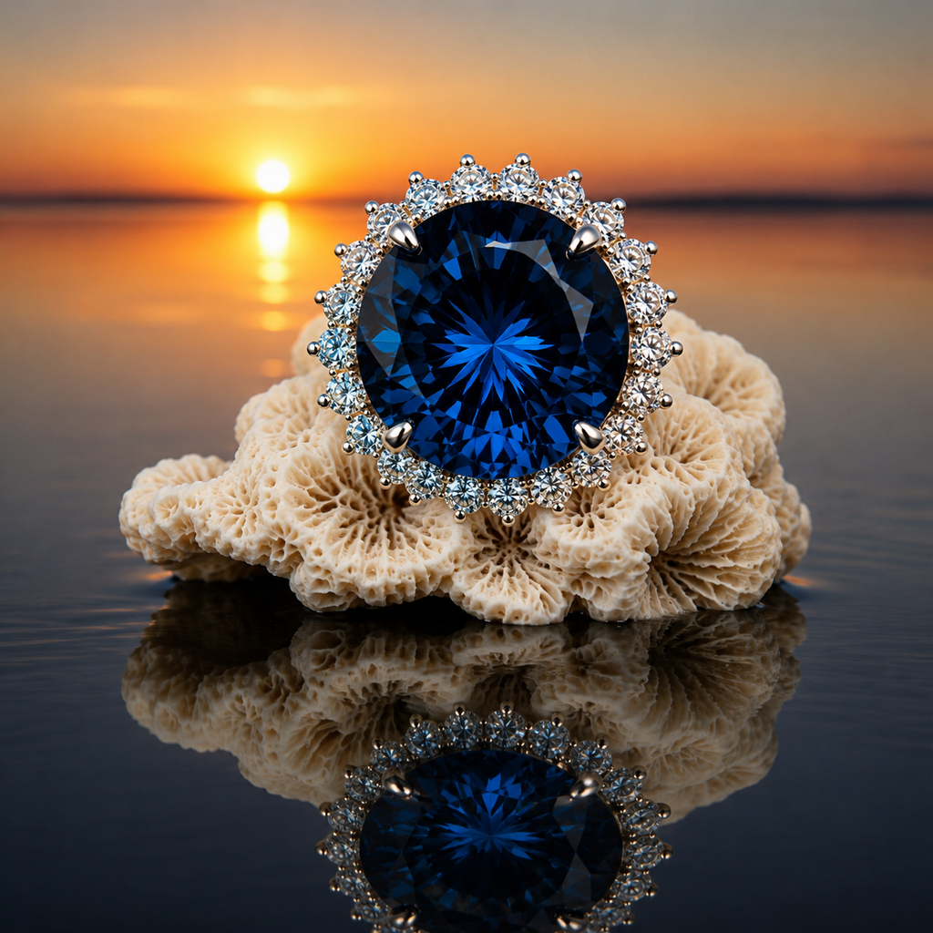 12ct Firework Cut London Blue Topaz halo statement ring featuring a 15mm round genuine London Blue Topaz, sparkling clear cubic zirconia halo, polished 925 sterling silver setting, and custom platinum, gold, or rose gold finish