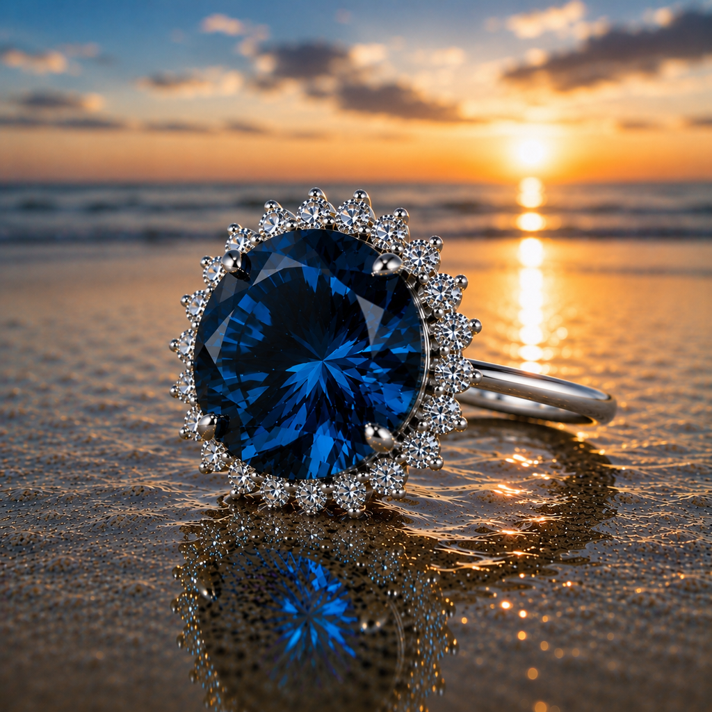 12ct Firework Cut London Blue Topaz halo statement ring featuring a 15mm round genuine London Blue Topaz, sparkling clear cubic zirconia halo, polished 925 sterling silver setting, and custom platinum, gold, or rose gold finish