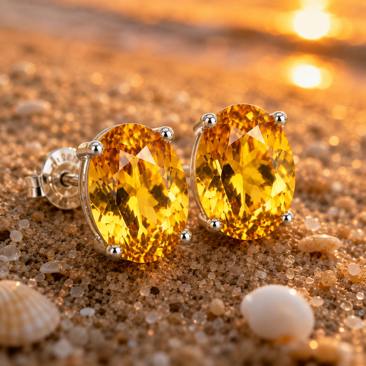 Macro lifestyle photograph of golden citrine earrings on a sunset beach