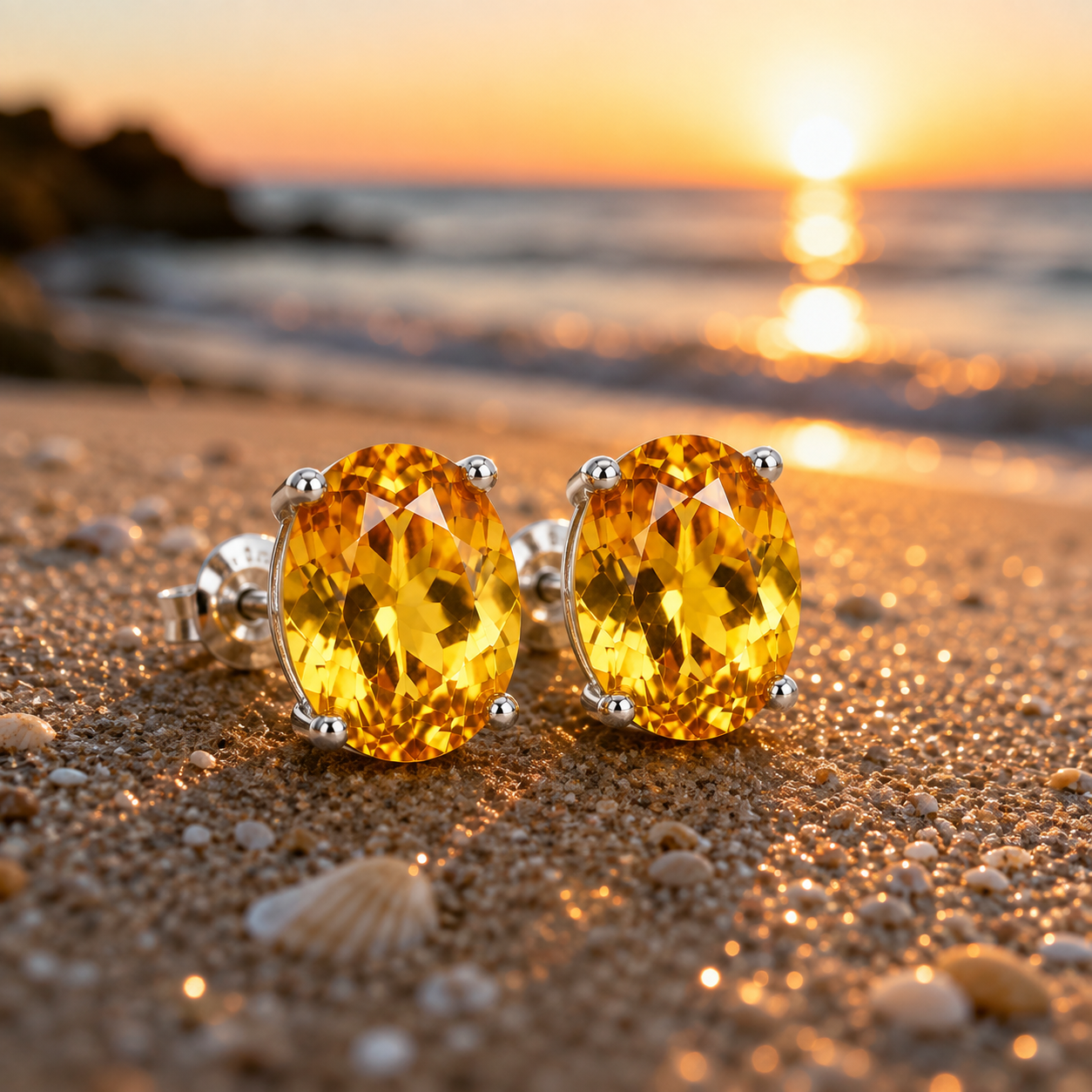 Natural 7x9mm citrine stud earrings photographed on a warm sunset beach