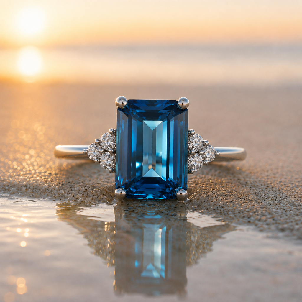 Natural London Blue Topaz Ring 10x14mm Emerald Cut Sterling Silver December Birthstone
