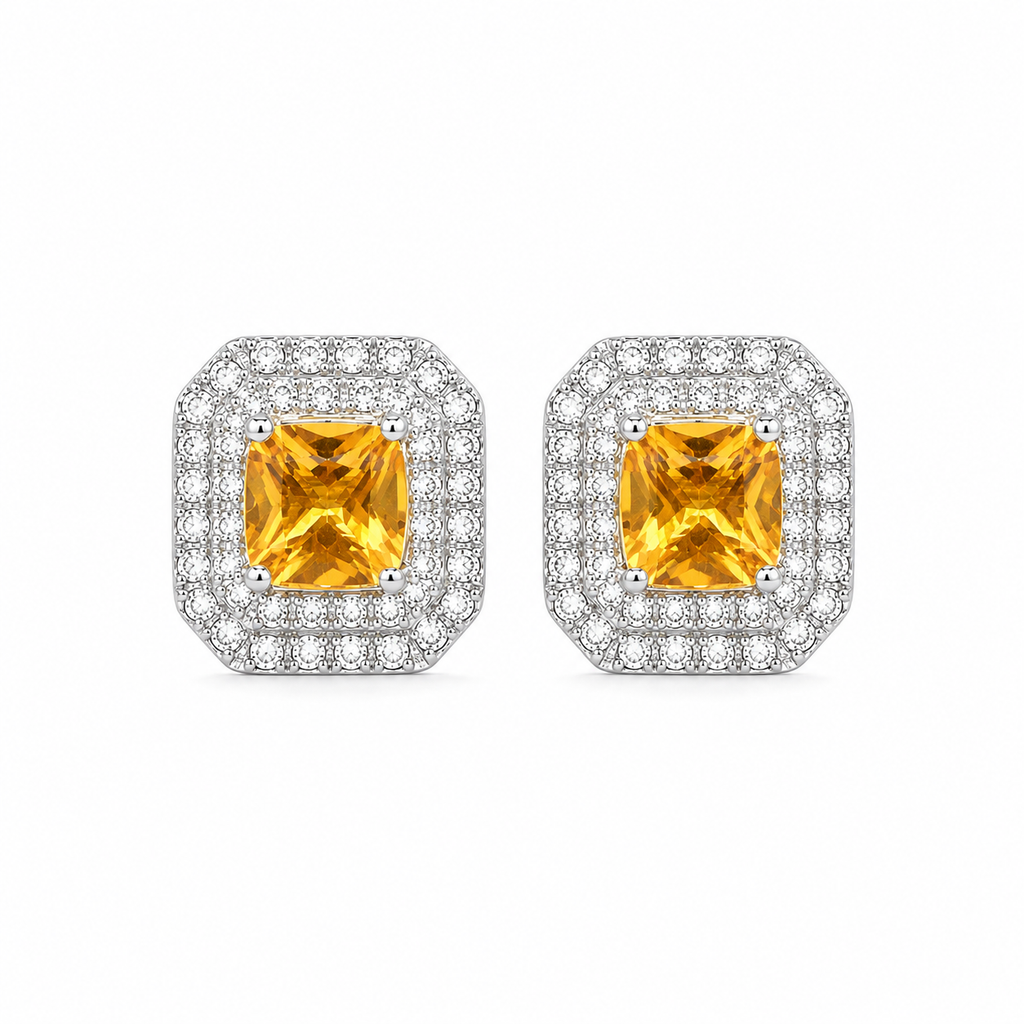Natural 4mm square-cut citrine double halo stud earrings in 925 sterling silver on white background