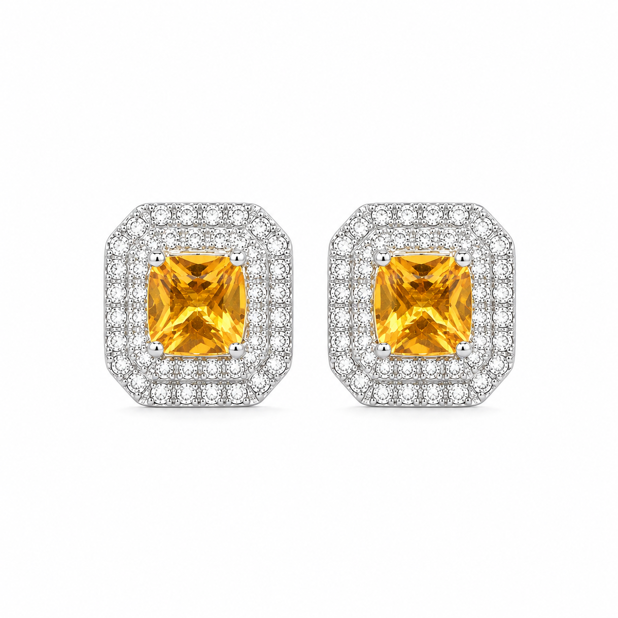 Natural 4mm square-cut citrine double halo stud earrings in 925 sterling silver on white background