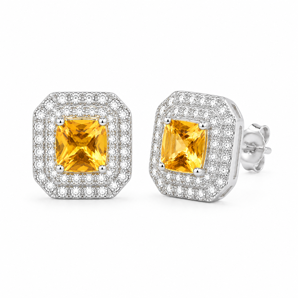 4mm natural citrine halo stud earrings shown at a 45-degree angle