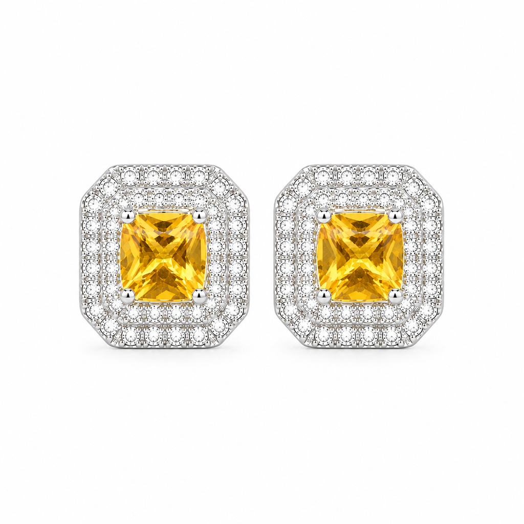 Top-down view of natural citrine double halo sterling silver stud earrings