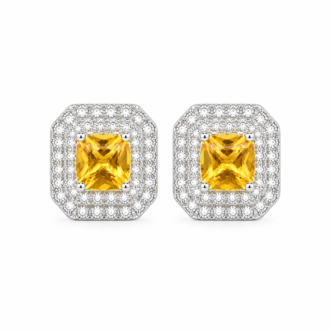 Top-down view of natural citrine double halo sterling silver stud earrings