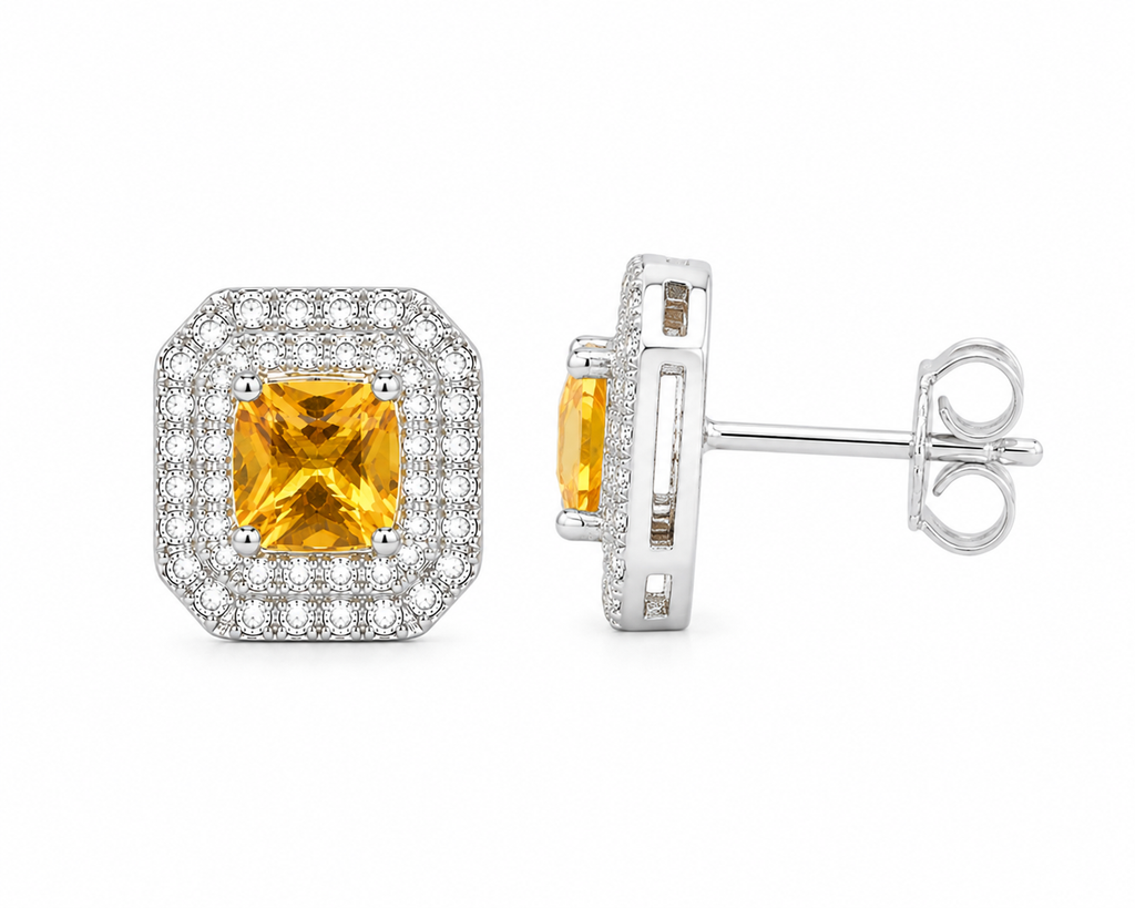 Side profile of 4mm citrine stud earrings showing sterling silver setting
