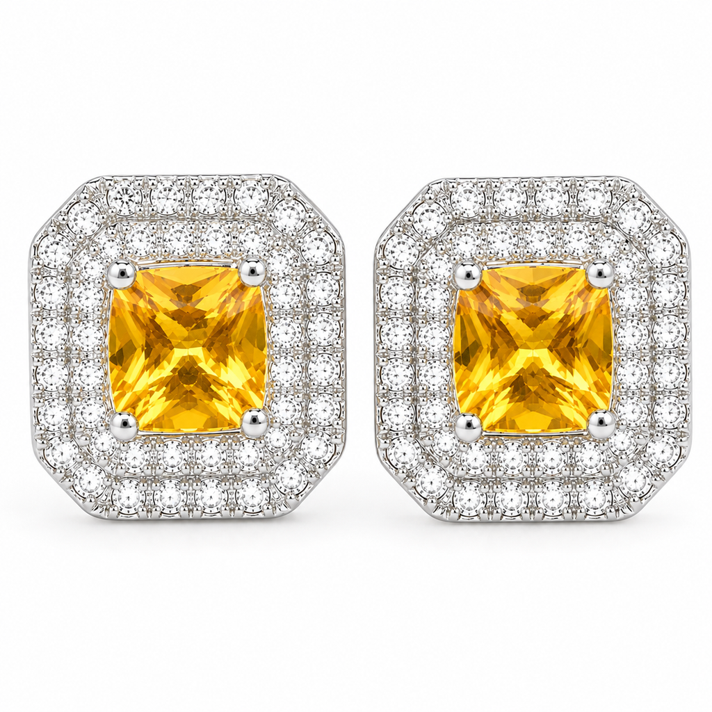 Natural Citrine 4mm Double Halo Stud Earrings – 925 Sterling Silver