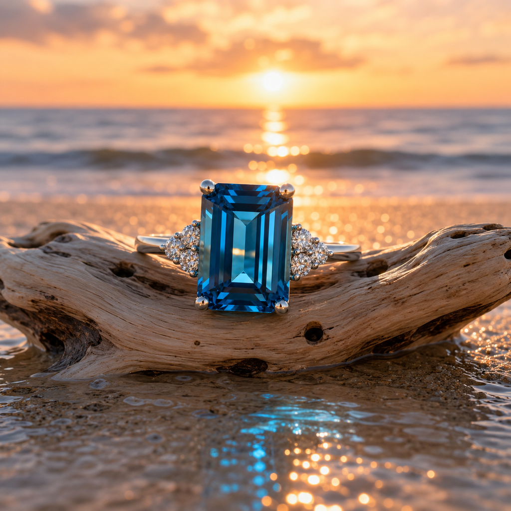 Natural London Blue Topaz Ring 10x14mm Emerald Cut Sterling Silver December Birthstone