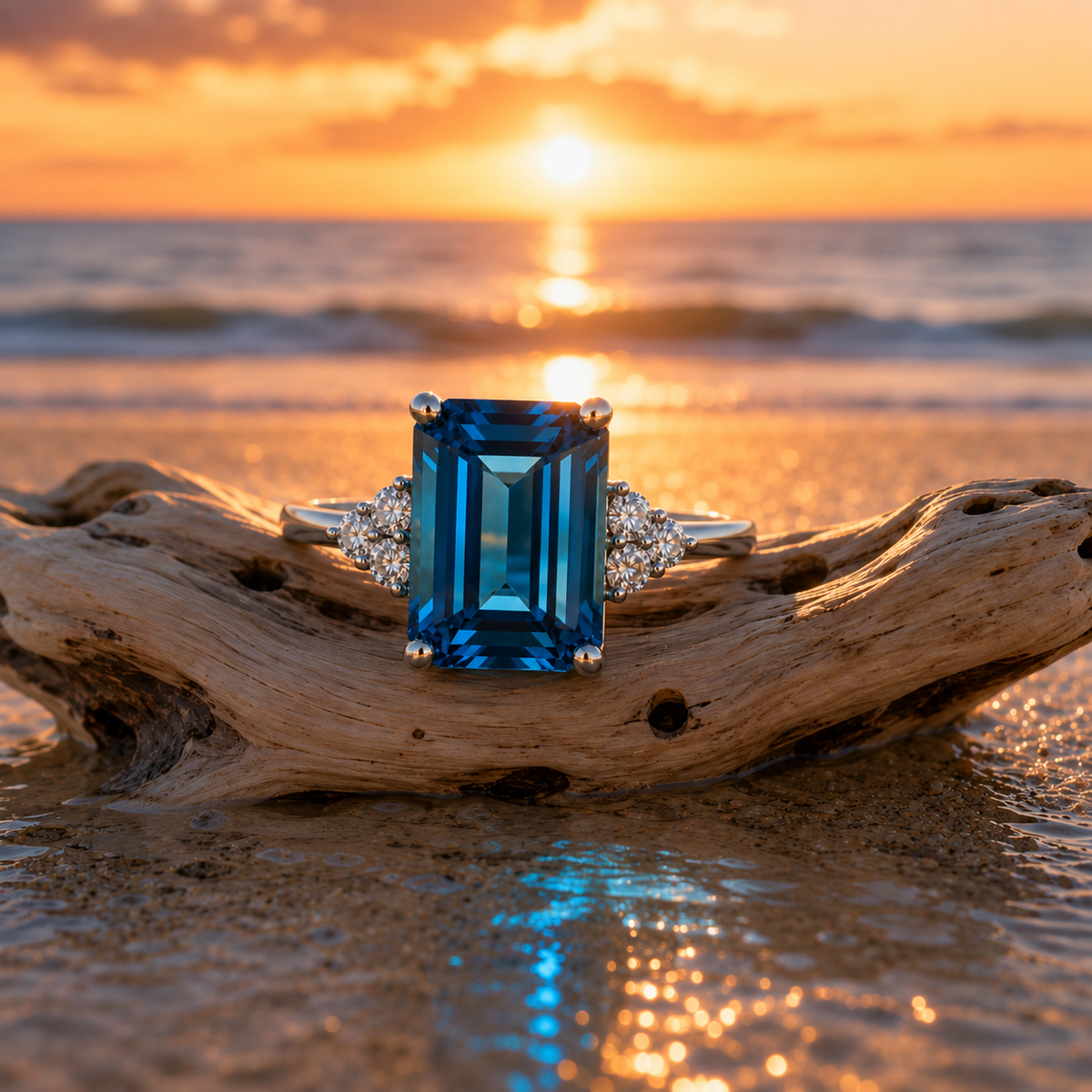 Natural London Blue Topaz Ring 10x14mm Emerald Cut Sterling Silver December Birthstone