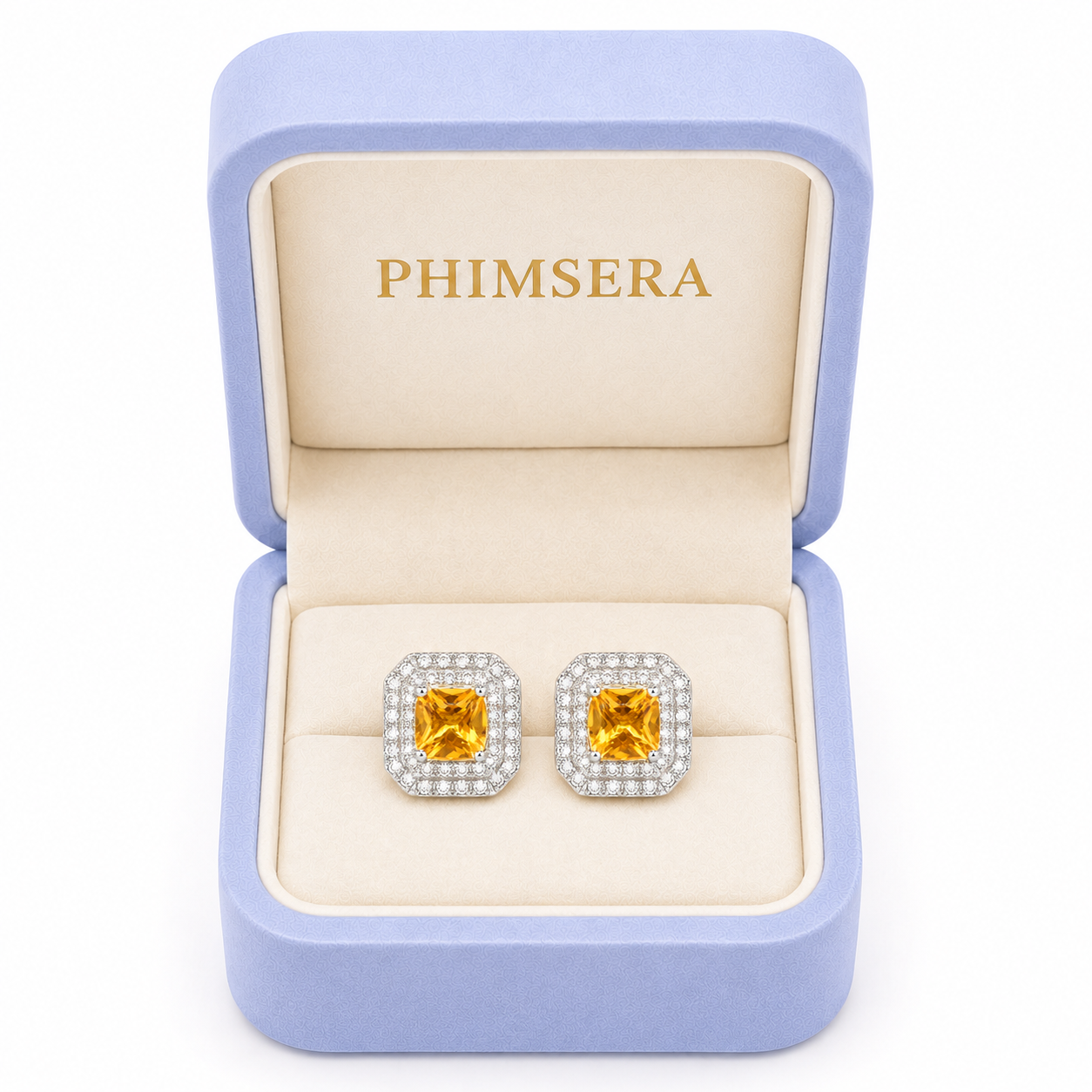 Natural citrine halo stud earrings presented in Phimsera jewelry gift box
